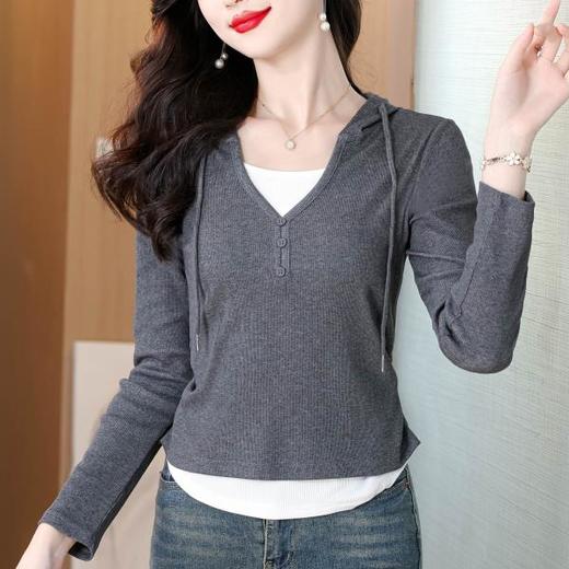 KQL 355H8302连帽假两件长袖T恤拼接洋气显瘦上衣 商品图0