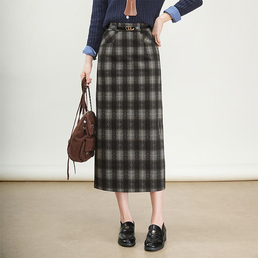 QYM 95837-Y格子直筒半身裙高腰开衩一步裙包臀裙 商品图1