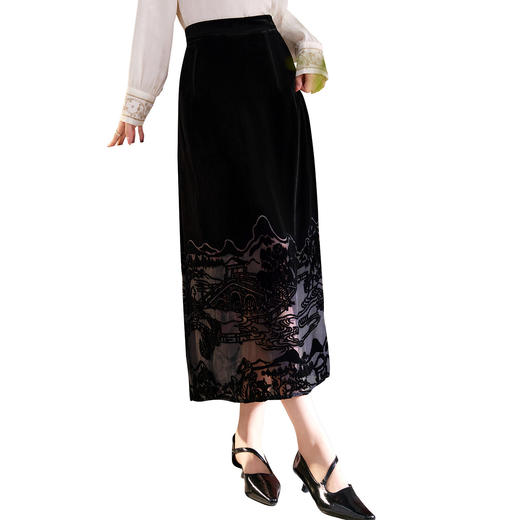 QS真丝丝绒烧花半身裙女秋季薄款高腰开叉法式洋气新款时尚百搭1989 商品图4