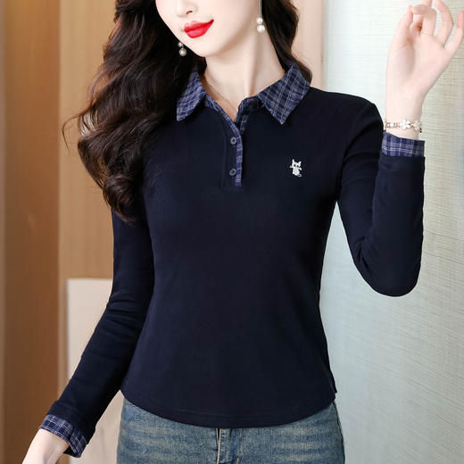 KQL 355H8303秋上新POLO领格子拼接假两件长袖T恤洋气刺绣显瘦上衣 商品图0