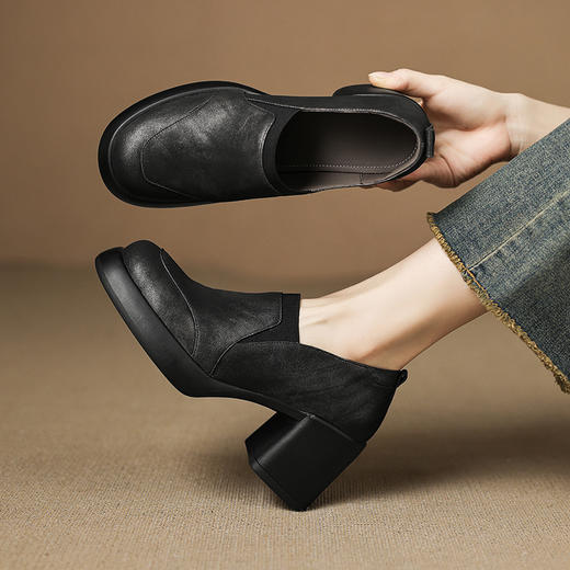 OLD A1356法式深口单鞋厚底圆头高跟鞋粗跟真皮软底乐福鞋 商品图3