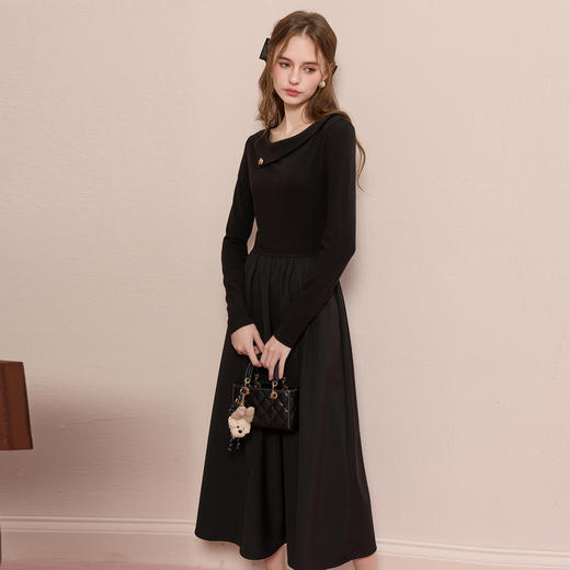 三彩2025冬季新款拼接小黑裙收腰连衣裙A字裙长裙优雅M 商品图1