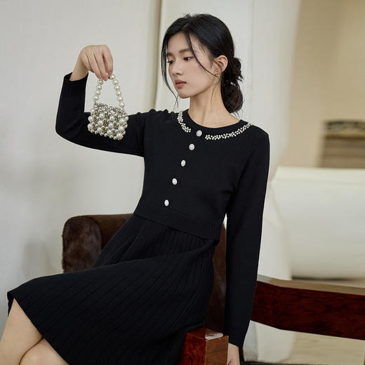奢姿大码女装2025夏季减龄钉珠圆领连衣裙胖妹妹假两件针织裙子9853890651 商品图2