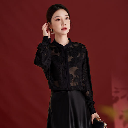 QS2025秋季新款真丝桑蚕丝女法式通勤薄款新中式立领宽松上衣1791 商品图2