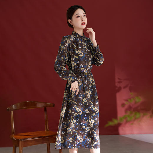 QS真丝连衣裙女100蚕丝长袖气质褶皱显瘦款印花中长款82501815 商品图0