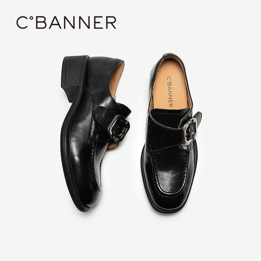 千百度通勤乐福鞋女新款增高黑色小皮鞋复古厚底深口单鞋A26101526 商品图4