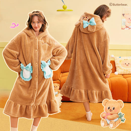 奶糖派[围裙熊睡袍]女冬保暖家居服黄油小熊联名新款长款女斗篷睡袍 商品图2