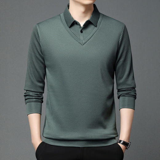 【男士polo衫长袖】高端商务休闲男装假两件翻领条纹T恤上衣 商品图2