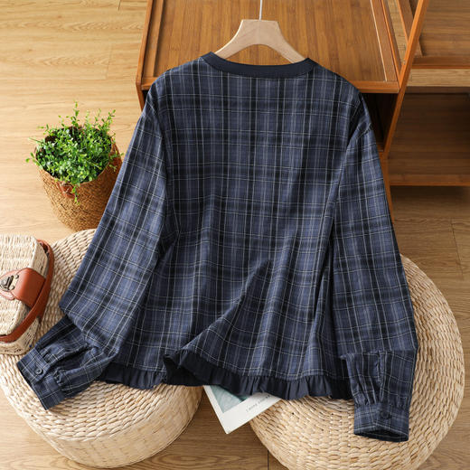 GYH 897休闲简约格子衬衫宽松休闲圆领木耳边上衣 商品图2