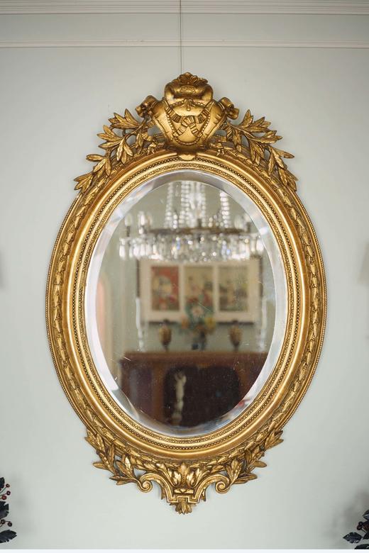 独角鹿西洋古董19世纪末法国出品古典缎带卷叶主题木鎏金精雕大型挂镜 商品图1