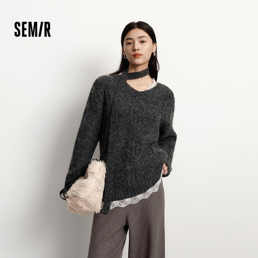 森马毛衣女冬围巾蕾丝V领绞花宽松2025新款慵懒优雅小性感套头衫 商品图0