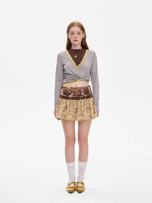 local tag/It25ssk02/Velvet Ballet 丝绒碎花纽扣拼接短裙 商品图4