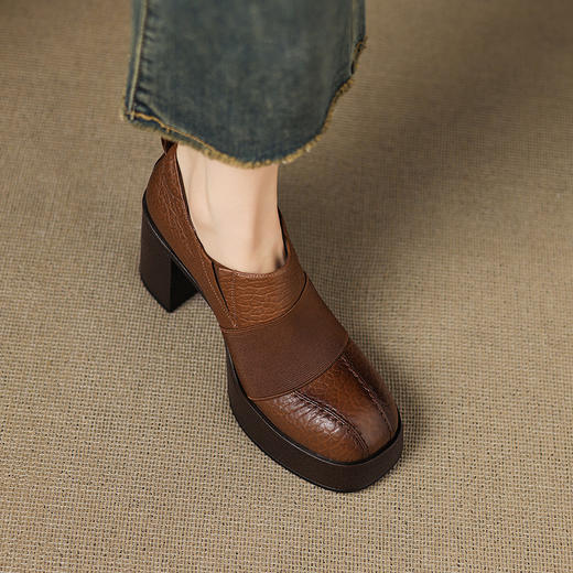 OLD A1355真皮厚底高跟深口单鞋复古风擦色显瘦高跟鞋 商品图1