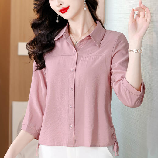 KQL 355H8291纯色POLO领长袖衬衫抽绳显瘦上衣 商品图1