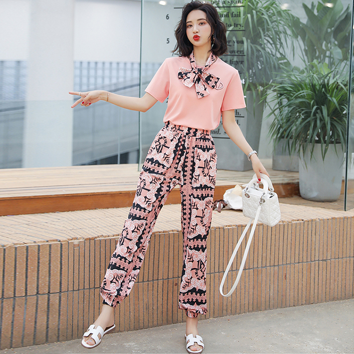 OLrain欧芮儿甜美约会必备粉色上衣裤子套装两件套