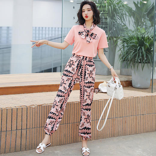 OLrain欧芮儿甜美约会必备粉色上衣裤子套装两件套 商品图0