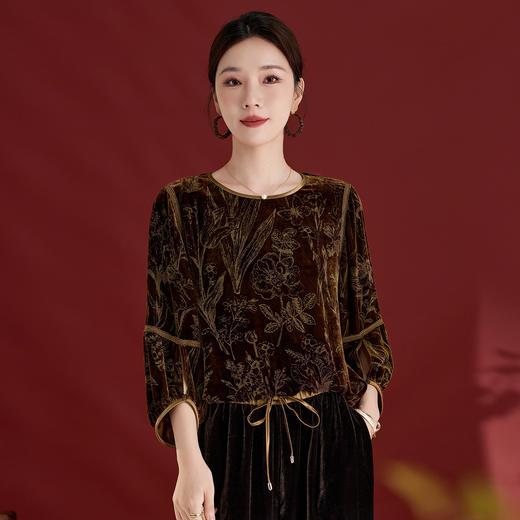 QS源头工厂真丝丝绒秋季新款时尚女装轻奢拼接撞色设计感桑蚕丝小衫 商品图0