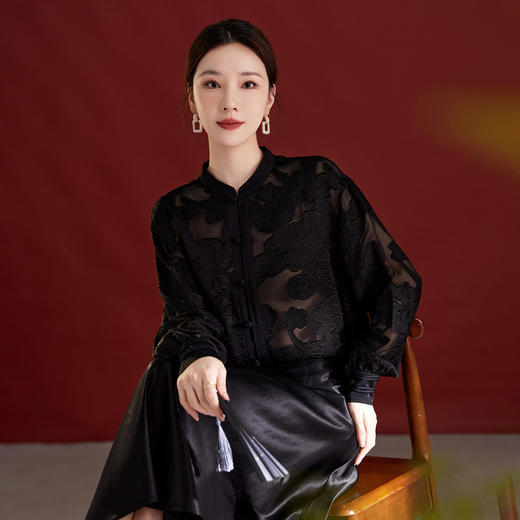 QS2025秋季新款真丝桑蚕丝女法式通勤薄款新中式立领宽松上衣1791 商品图1