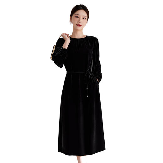 QS复古真丝绒连衣裙女秋冬高贵气质优雅洋气阔太太桑蚕丝长袖款1217 商品图4