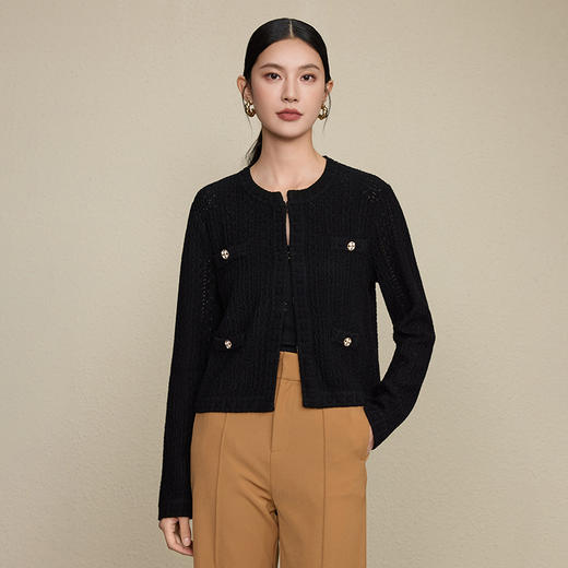 「自」全新升级【铂金会员349/天猫469/差价120】(44437)洛诗琳秋季新款法式气质小香风重工镂空山茶花型羊毛针织开衫女 商品图4