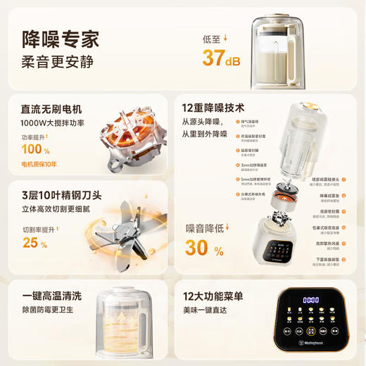 【美国西屋无刷破壁机】无刷破壁机变频降噪1.5L加热全自动榨汁机钛涂层防糊柔音触控彩屏辅食机 WPB15J37-W 商品图3
