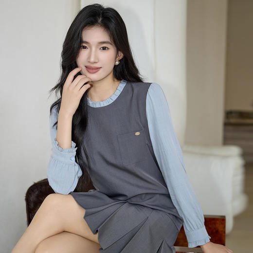 奢姿大码女装2025秋季胖妹妹时尚撞色设计气质花边装饰圆领连衣裙9953894273 商品图2