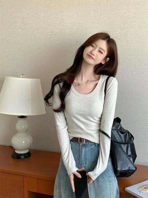 【秋上新】longmeijia高弹U领螺纹长袖T恤-喜出 商品图0