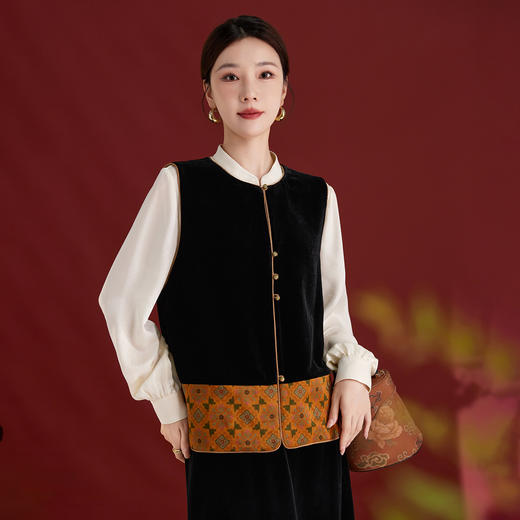 QS真丝丝绒马甲复古新中式原创设计拼接撞色百搭香云纱马甲女1737 商品图2