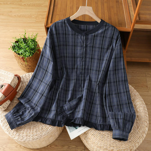 GYH 897休闲简约格子衬衫宽松休闲圆领木耳边上衣 商品图0