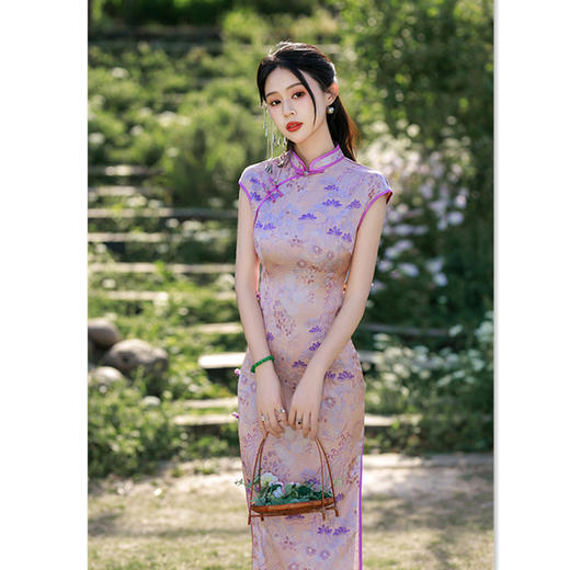 复古中国风仿醋酸缎面提花长款旗袍GX582583 商品图0