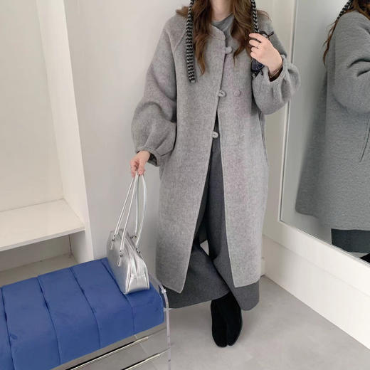 【YW】无忧购新中式圆领盘扣灯笼袖双面羊毛中长款大衣8011 商品图4