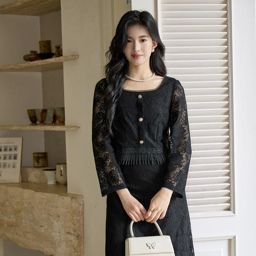 奢姿大码女装2025秋季名媛气质假两件流苏裙子胖妹妹蕾丝连衣裙9953853575 商品图4