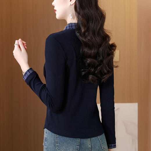 KQL 355H8303秋上新POLO领格子拼接假两件长袖T恤洋气刺绣显瘦上衣 商品图4