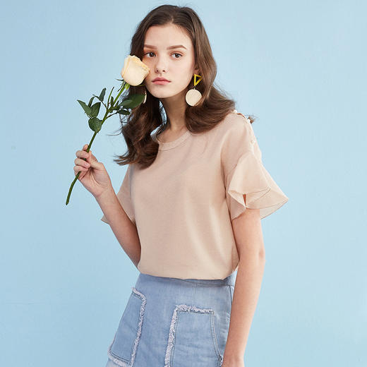 欧芮儿2019夏装新款女装显瘦套头小清新上衣荷叶袖小衫女短袖 商品图0