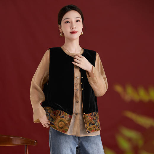 QS真丝丝绒马甲复古新中式原创设计拼接撞色百搭香云纱马甲女1737 商品图3