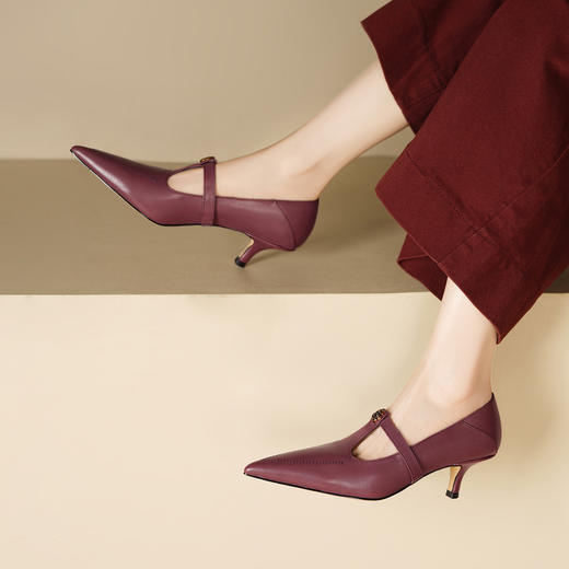 【预售5天】里外全皮！法式丁字带中口细跟单鞋女秋新款尖头显瘦小高跟鞋HY&M1211-1 商品图3