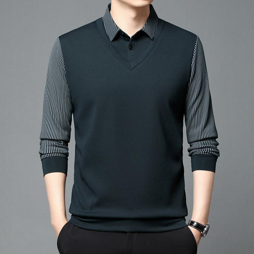 【男士polo衫长袖】高端商务休闲男装假两件翻领条纹T恤上衣 商品图1