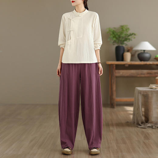 2025秋季新款复古民族风改良纯色文艺禅意茶服宽松长袖盘扣套装女 商品图0