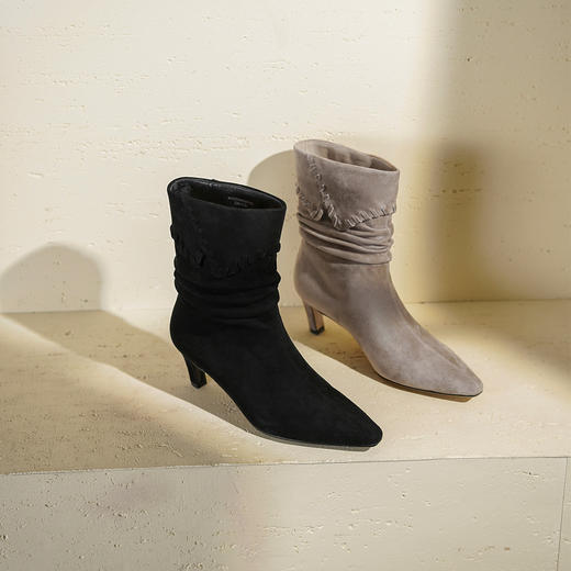 Westory2025年冬季羊皮小方头中跟堆褶中筒靴宽筒小短靴W25DS85601 商品图0