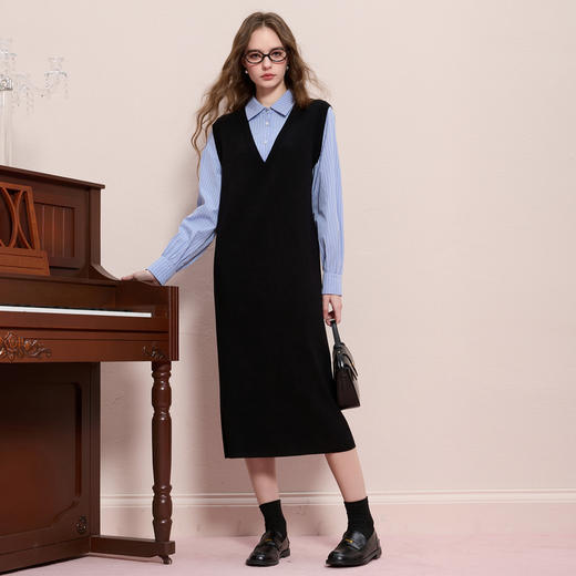 三彩2025冬季新款假两件连衣裙拼接宽松直筒裙长裙休闲M 商品图3