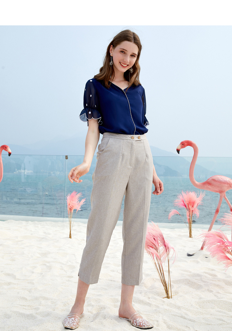 欧芮儿夏日清爽藏青色短袖上衣透气舒适百搭