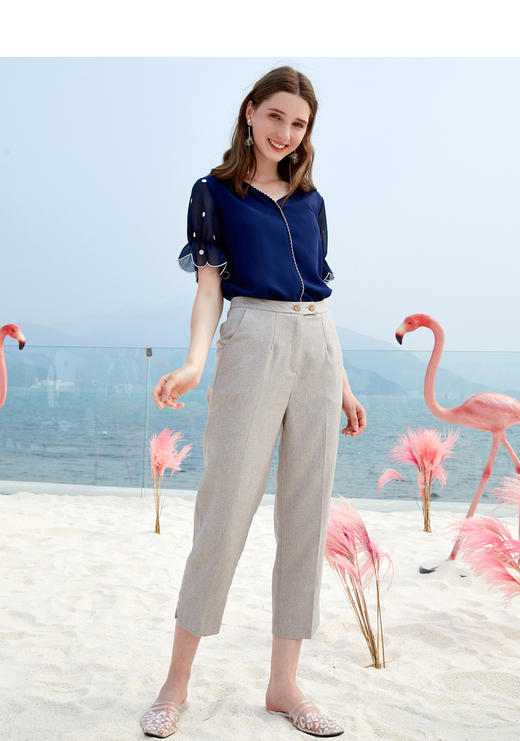 欧芮儿夏日清爽藏青色短袖上衣透气舒适百搭 商品图0