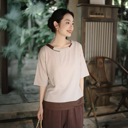 棉麻女装2025夏季新款汉麻t恤女设计感圆领复古短袖上衣 商品图0