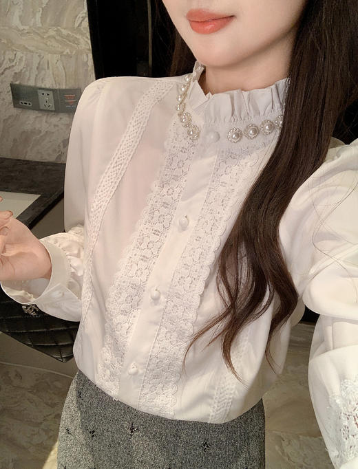 张心子【奶油慕斯】半高领通勤名媛风钻边衬衫上衣 U2509036 商品图11
