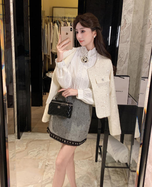 张心子【奶油慕斯】半高领通勤名媛风钻边衬衫上衣 U2509036 商品图9