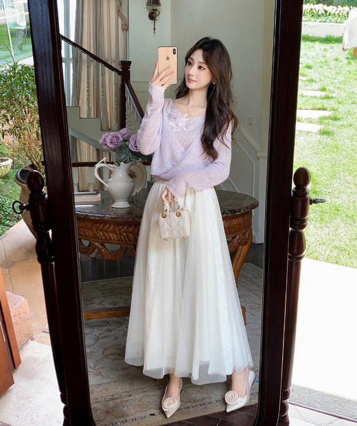 张心子【白月皎洁】温柔百搭仙气亮片网纱半身裙 U2509038 商品图2