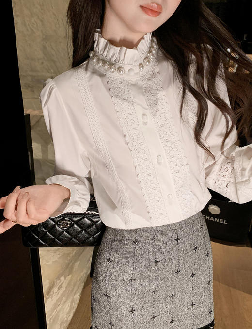 张心子【奶油慕斯】半高领通勤名媛风钻边衬衫上衣 U2509036 商品图6