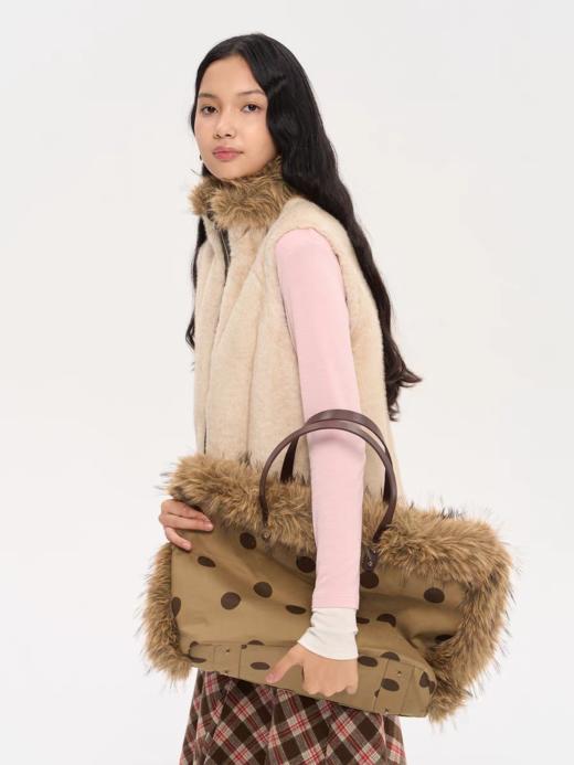 heris/H53127/波点印花仿貉毛拼接 大容量单肩托特包 商品图1