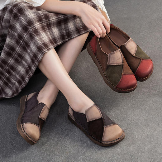 JZ5001-15 2025秋季新款复古拼色软底头层牛皮单鞋休闲舒适百搭圆头女鞋 商品图0