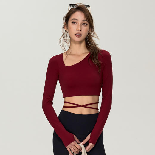 【限时秒】YOGACODE【火树银花系列】斜领瑜伽服长袖女固定杯性感细绳绑带运动上衣DWT125636 商品图3